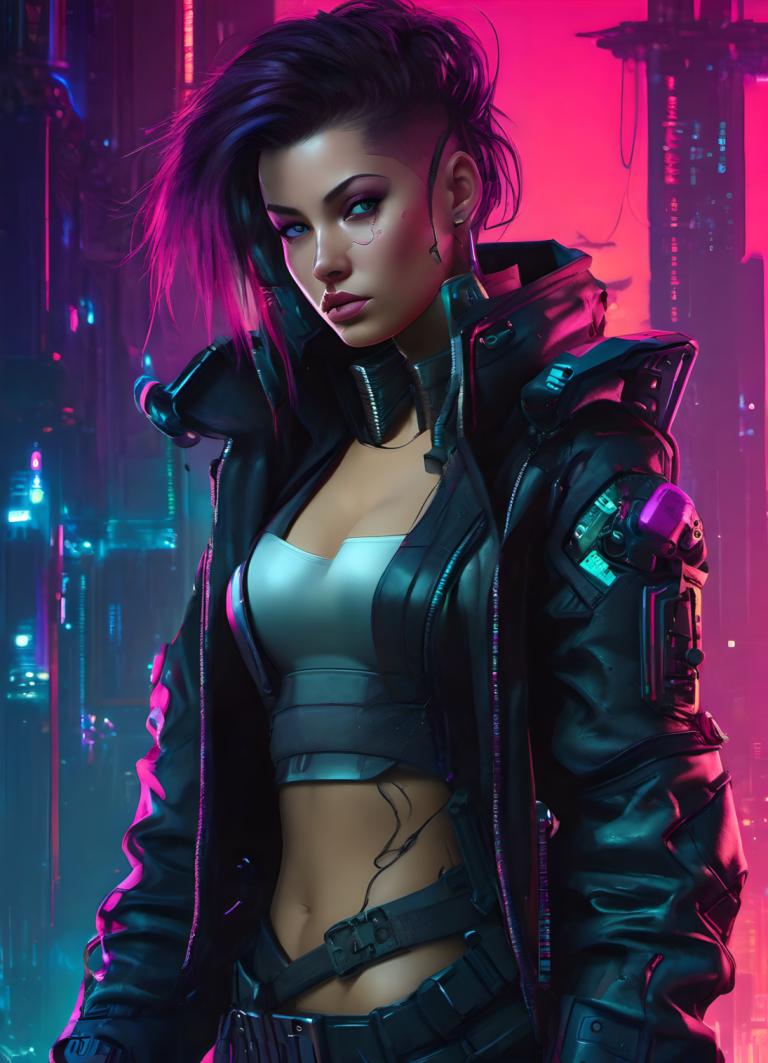 Cyberpunk,Cyberpunk, People, woman, cyberpunk, 1girl, solo, breasts, jacket, navel, midriff, open clothes