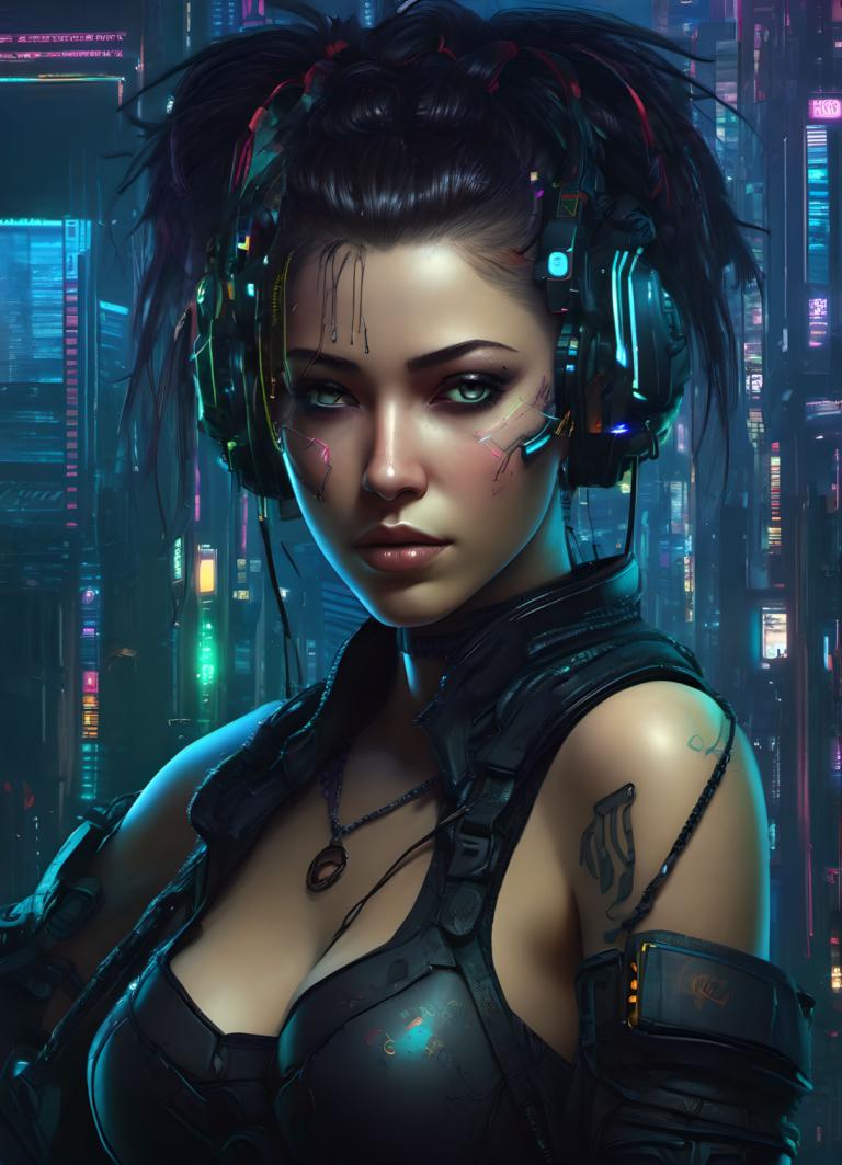 Cyberpunk,Cyberpunk, Mennesker, kvinne, 1 jente, solo, bryster, cyberpunk, spalting, svart hår, tatovering