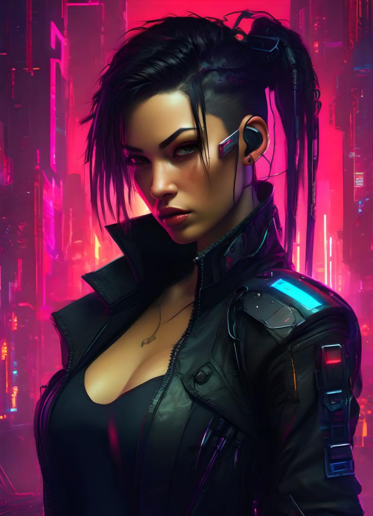 Cyberpunk,Cyberpunk, People, woman, 1girl, breasts, solo, jacket, cleavage, ponytail, cyberpunk, black hair