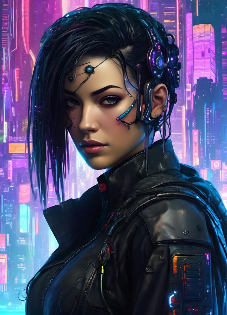 Cyberpunk,Cyberpunk, Mensen, vrouw, 1meisje, cyberpunk, solo, zwart haar, jasje, kijken naar kijker