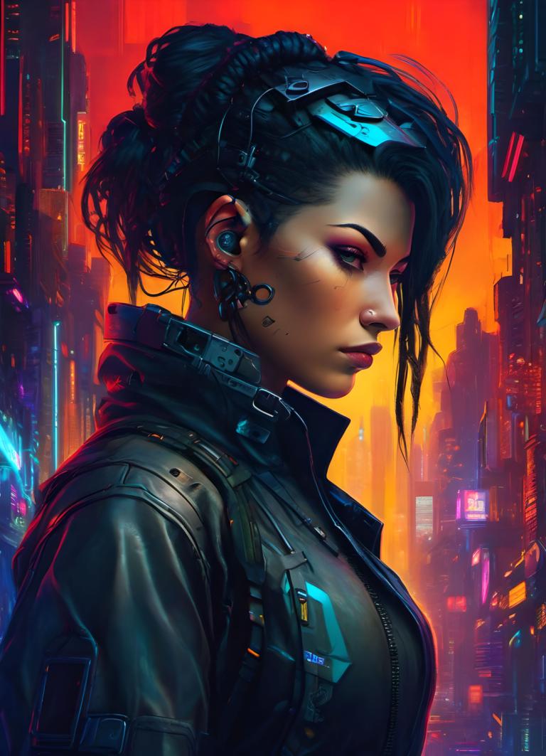 Cyberpunk,Cyberpunk, Lidé, žena, 1 dívka, sólo, kyberpunk, Bunda, ze strany, černé vlasy, horní části těla