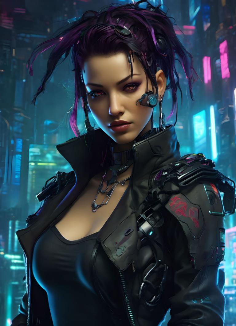 Cyberpunk,Cyberpunk, People, woman, 1girl, cyberpunk, breasts, solo, jacket, jewelry, purple hair, cleavage