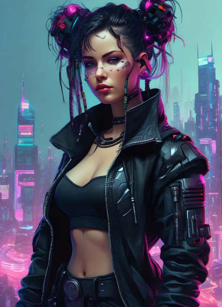 Cyberpunk,Cyberpunk, People, woman, 1girl, cyberpunk, solo, breasts, hair bun, black hair, cleavage, navel