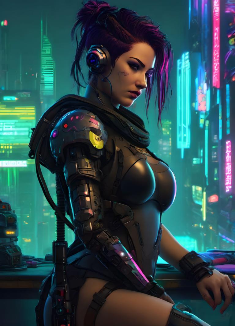 Cyberpunk,Cyberpunk, Mennesker, kvinne, 1 jente, cyberpunk, bryster, solo, lilla hår, science fiction, cyborg