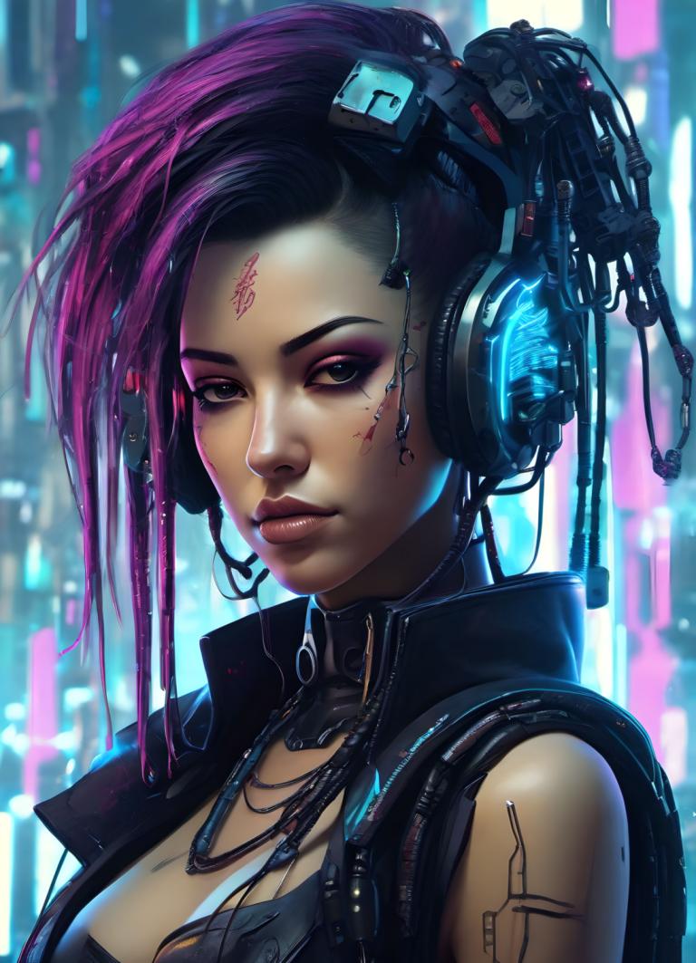 Cyberpunk,Cyberpunk, People, woman, 1girl, solo, cyberpunk, breasts, pink hair, purple hair, tattoo, cleavage