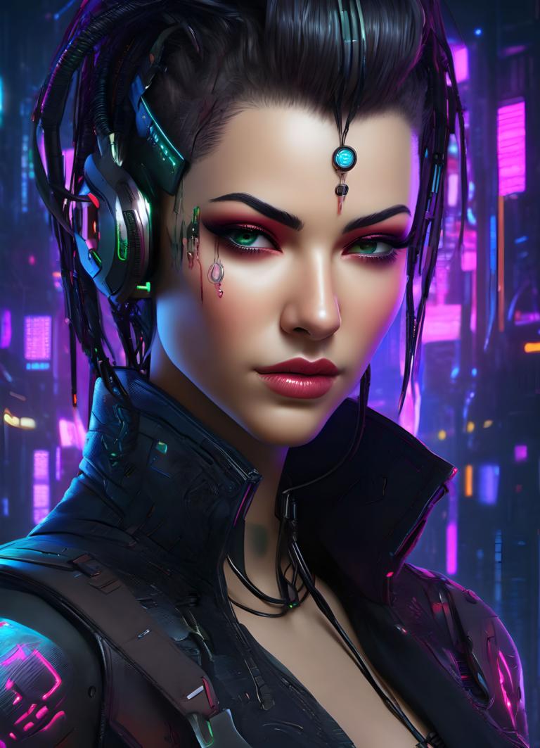 Cyberpunk,Cyberpunk, People, woman, 1girl, solo, green eyes, black hair, cyberpunk, looking at viewer, makeup