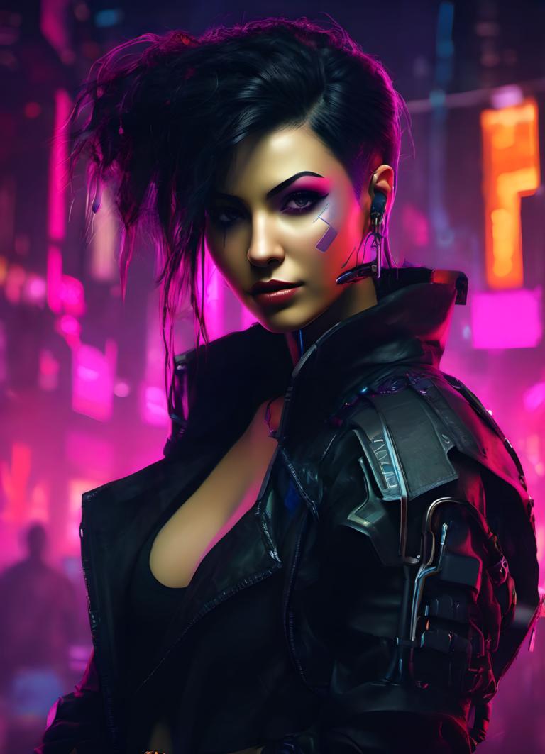 Cyberpunka,Cyberpunka, Ludzie, kobieta, 1 dziewczyna, cyberpunk, solo, piersi, kurtka, czarne włosy, makijaż