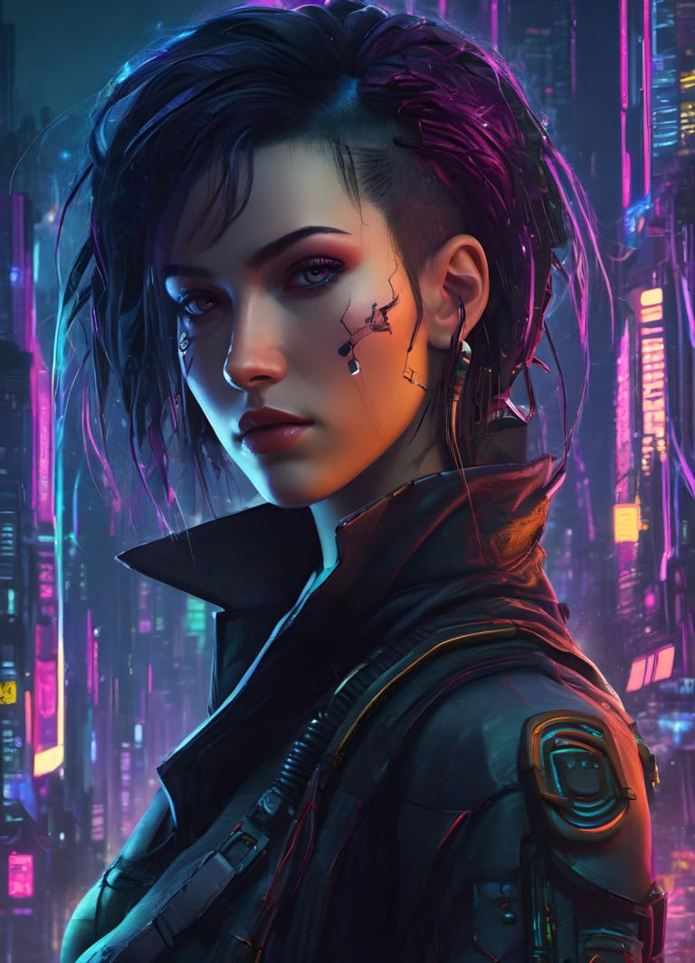 Cyberpunk,Cyberpunk, People, woman, 1girl, cyberpunk, solo, short hair, jacket, cyborg, looking at viewer