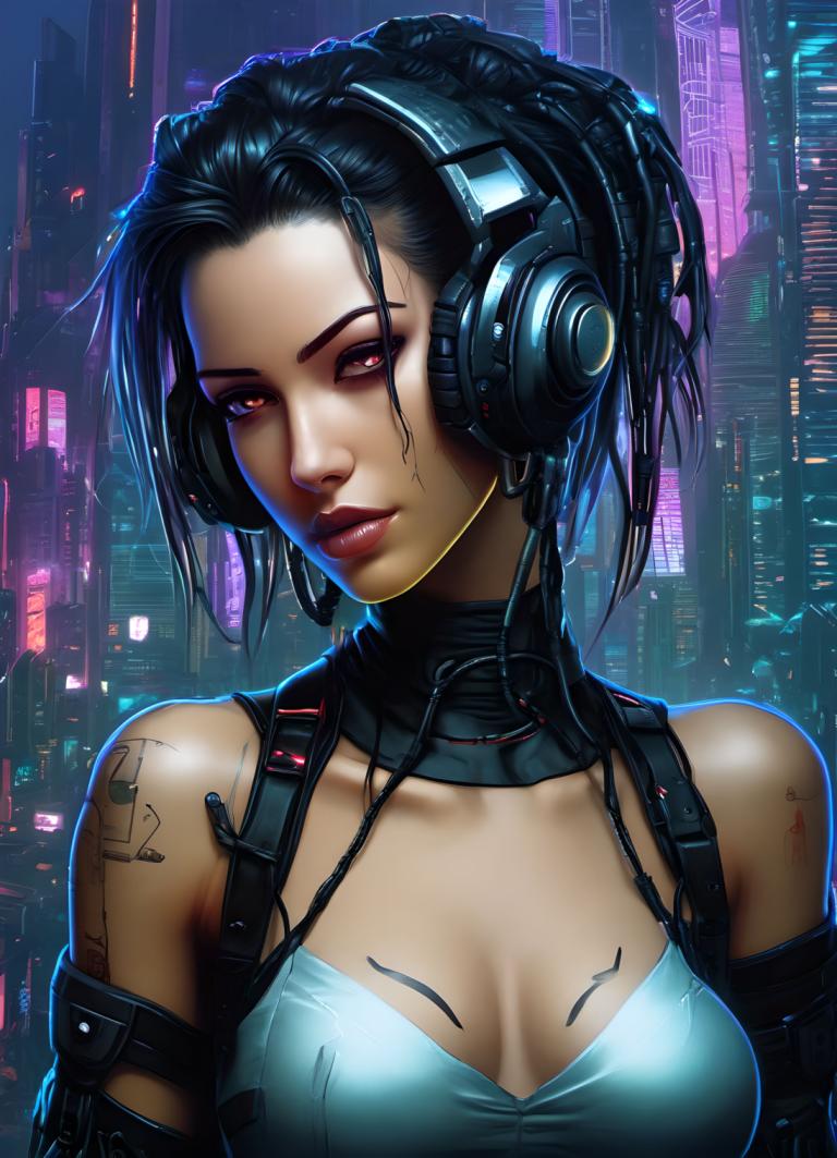 Cyberpunk,Cyberpunk, People, woman, 1girl, breasts, solo, cyberpunk, black hair, tattoo, cleavage