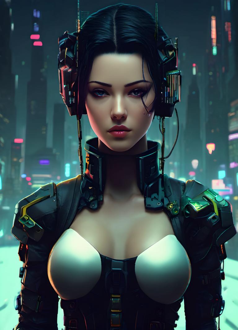 Cyberpunk,Cyberpunk, människor, kvinna, 1 tjej, solo, cyberpunk, bröst, svart hår, tittar på betraktaren