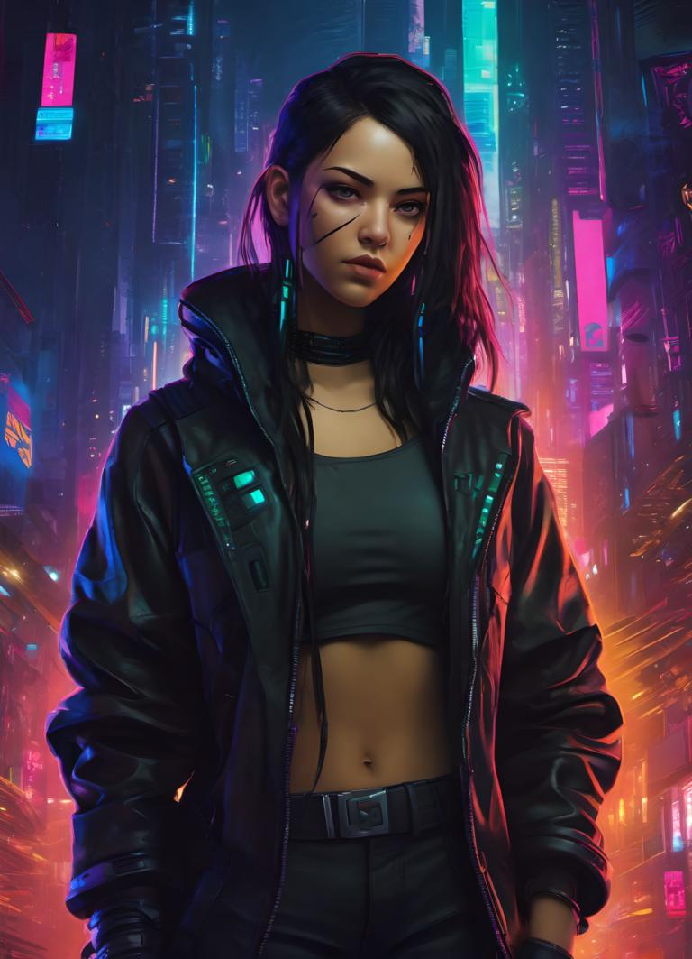 Cyberpunk,Cyberpunk, Mennesker, kvinde, 1 pige, cyberpunk, solo, neonlys, sort hår, jakke, navle, langt hår