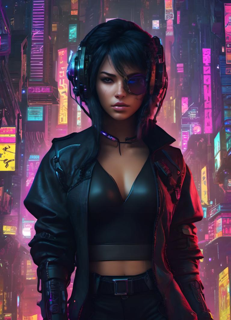 Cyberpunk,Cyberpunk, People, woman, 1girl, cyberpunk, solo, breasts, neon lights, jacket, black hair, midriff