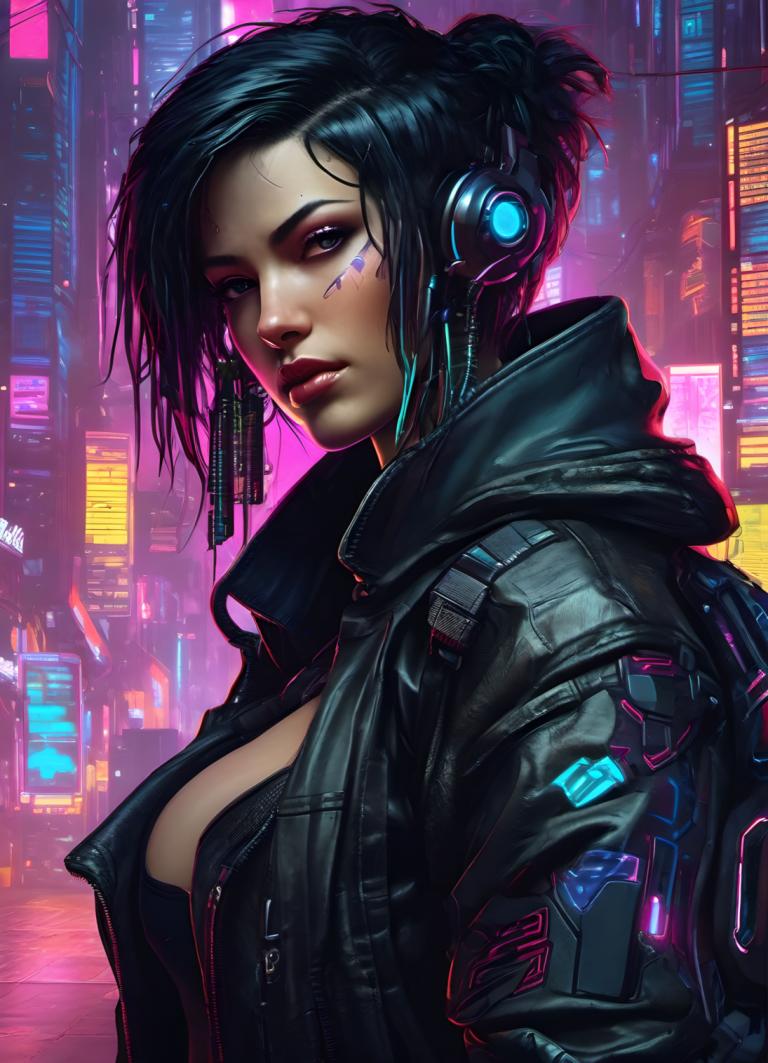 Cyberpunk,Cyberpunk, People, woman, 1girl, cyberpunk, solo, breasts, jacket, black hair, looking at viewer