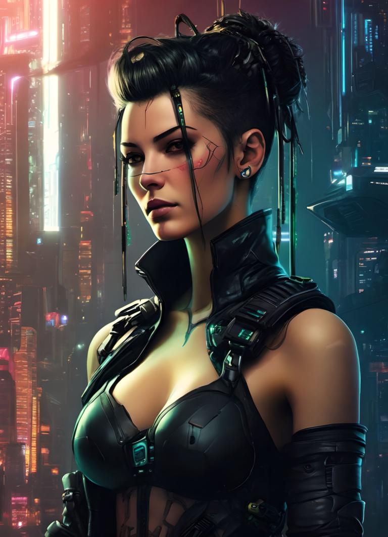 Cyberpunk,Cyberpunk, Mọi người, đàn bà, 1 cô gái, ngực, đấu, cyberpunk, tóc búi, tóc đen, Hoa tai, trang sức