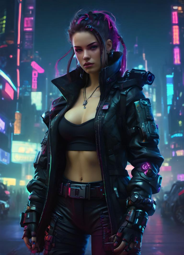 Cyberpunk,Cyberpunk, People, woman, 1girl, breasts, gloves, cyberpunk, fingerless gloves, belt, neon lights