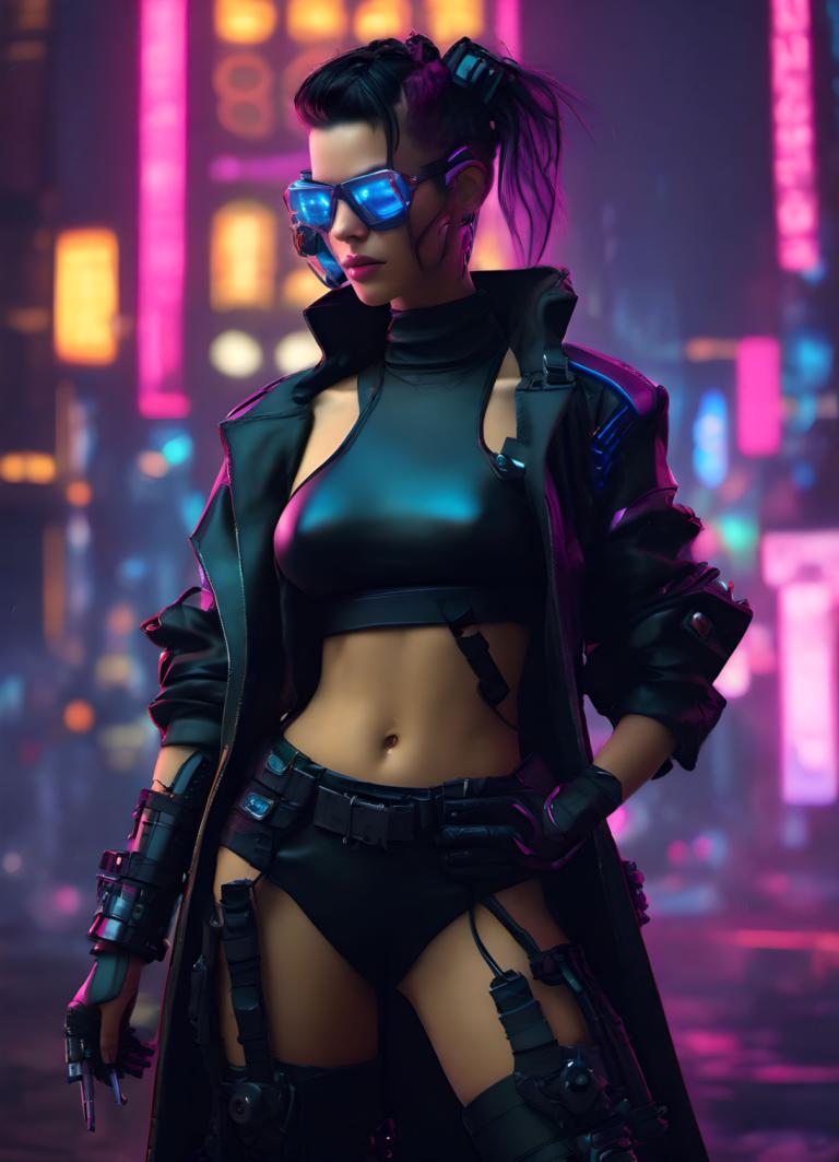 Cyberpunk,Cyberpunk, People, woman, 1girl, solo, navel, gloves, thighhighs, midriff, garter straps, cyberpunk