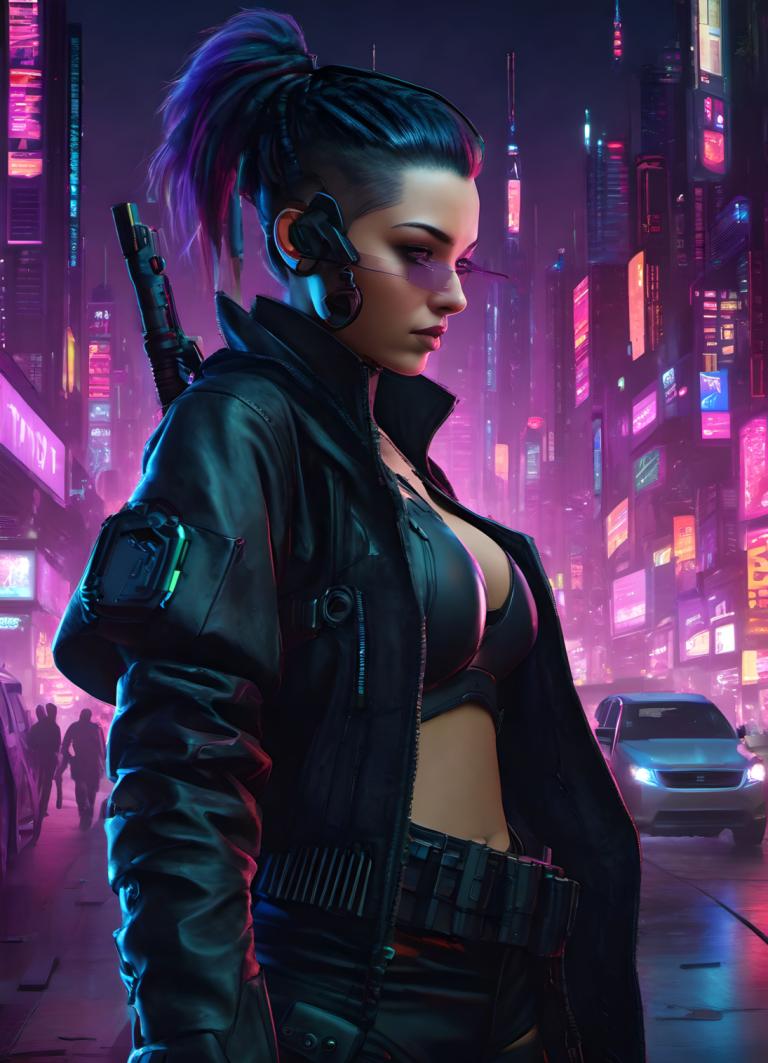 Cyberpunk,Cyberpunk, Menschen, Frau, 1Mädchen, Brüste, Waffe, Kraftfahrzeug, Pferdeschwanz, Nacht, Auto