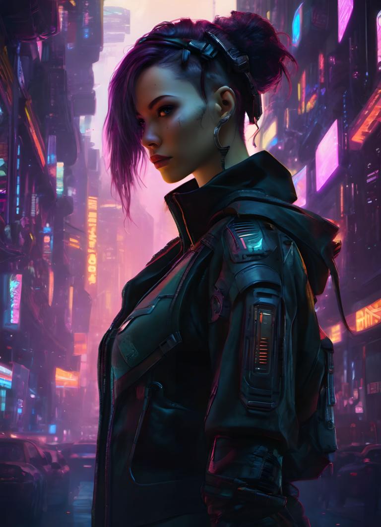 Cyberpunk,Cyberpunk, Mọi người, đàn bà, 1 cô gái, cyberpunk, đấu, trang sức, Hoa tai, áo khoác, đèn neon