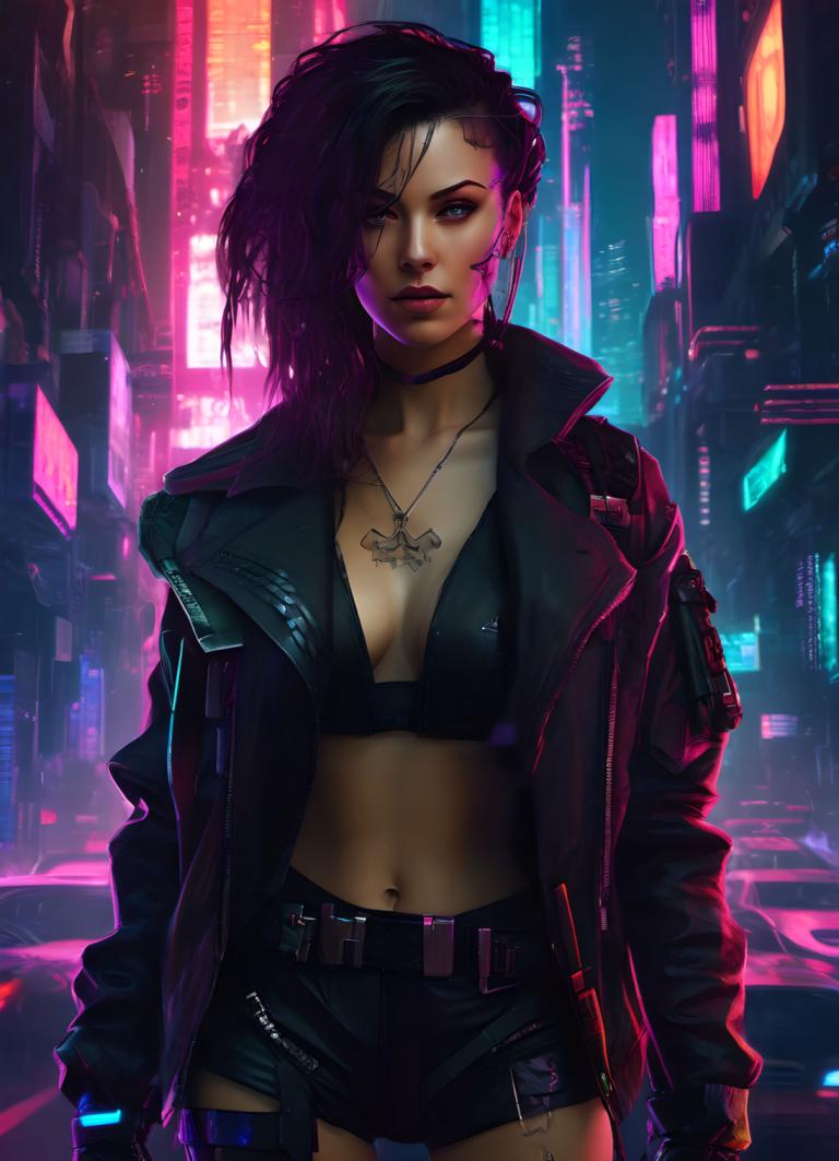 Cyberpunk,Cyberpunk, Menschen, Frau, 1Mädchen, Cyberpunk, Solo, Brüste, Nabel, Neonlichter, kurze Hose, Jacke