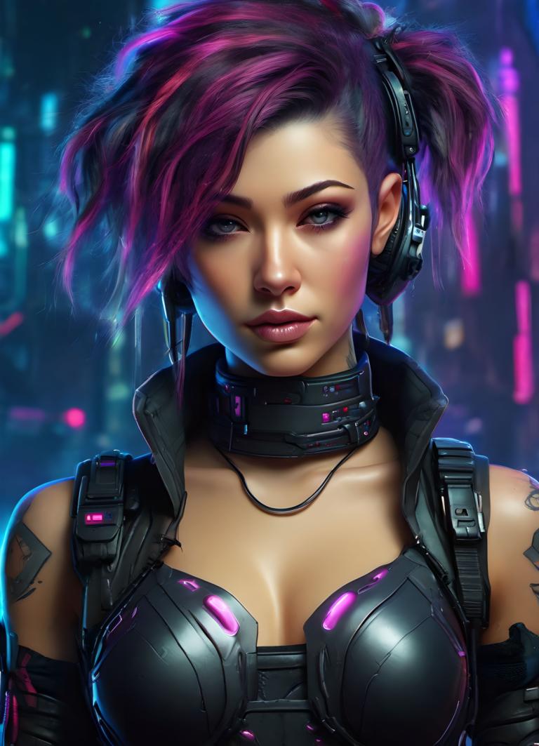 Cyberpunk,Cyberpunk, People, woman, 1girl, solo, breasts, tattoo, upper body, cyberpunk, pink hair