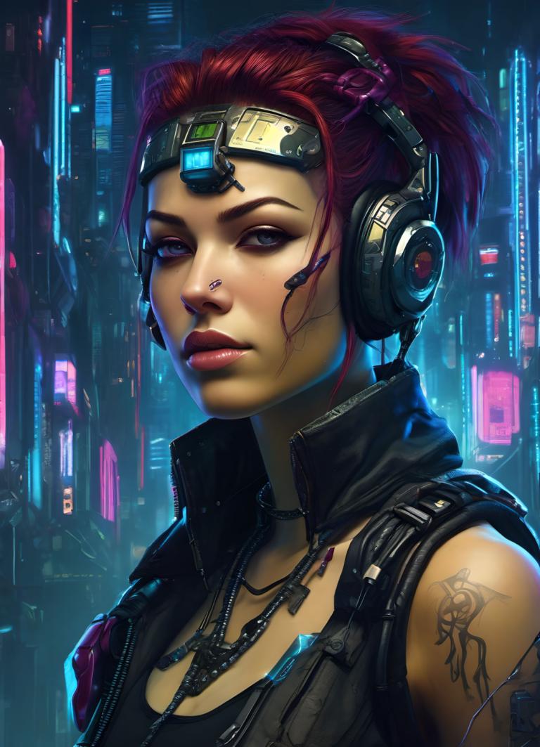 Cyberpunk,Cyberpunk, People, woman, 1girl, solo, red hair, tattoo, necklace, jewelry, realistic, headphones