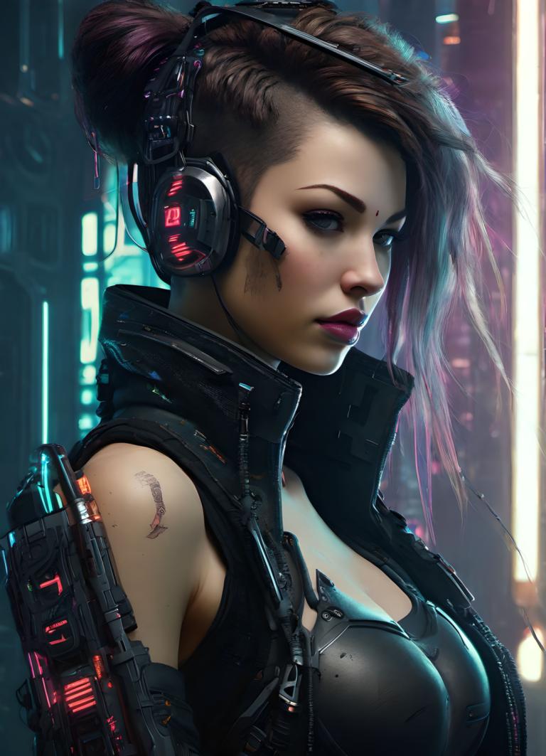 Cyberpunk,Cyberpunk, People, woman, 1girl, solo, breasts, cyberpunk, brown hair, blue eyes, hair bun