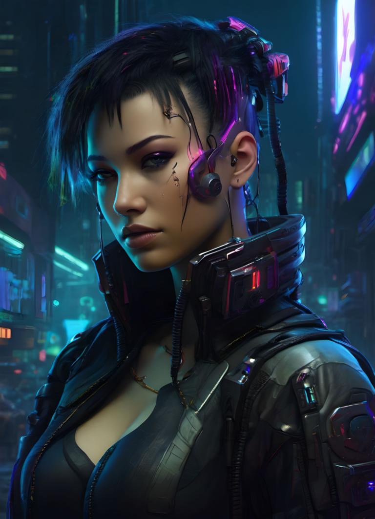 Cyberpunk,Cyberpunk, Menschen, Frau, 1Mädchen, Cyberpunk, Solo, Brüste, schwarzes Haar, realistisch