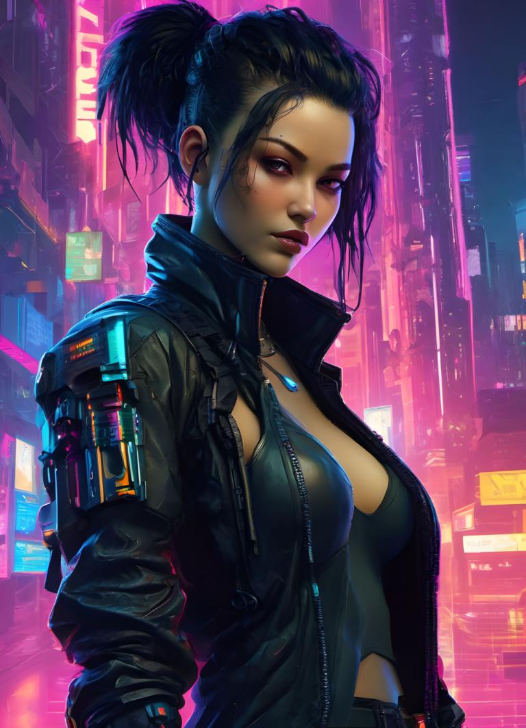 Cyberpunk,Cyberpunk, Mọi người, đàn bà, 1 cô gái, đấu, ngực, áo khoác, cyberpunk, trang sức, tóc đen