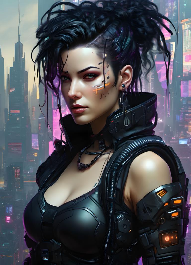 Cyberpunk,Cyberpunk, Mọi người, đàn bà, 1 cô gái, cyberpunk, đấu, ngực, trang sức, Hoa tai, tóc đen