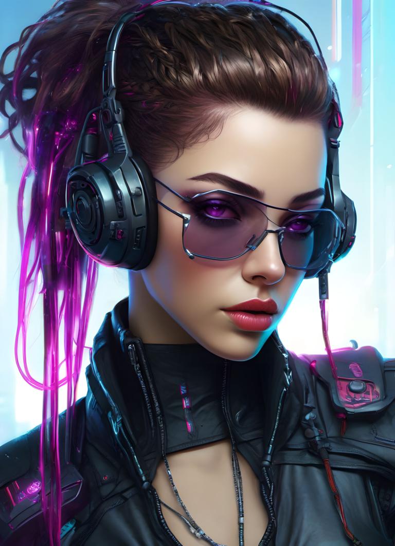 Cyberpunk,Cyberpunk, Menschen, Frau, 1Mädchen, Solo, braune Haare, lila Augen, Sonnenbrille, Kopfhörer