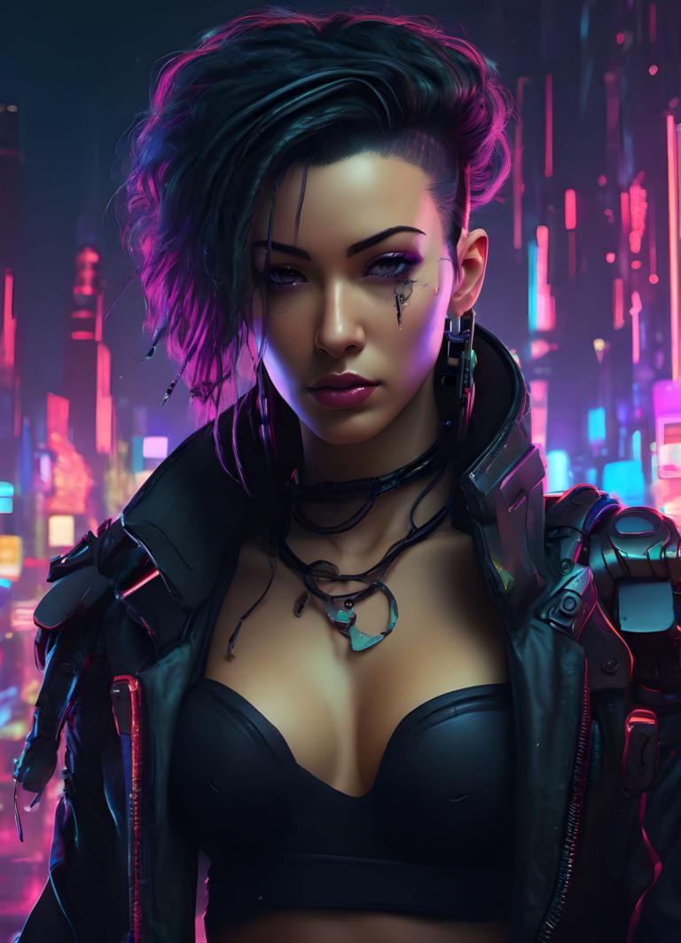 Cyberpunk,Cyberpunk, People, woman, 1girl, solo, cyberpunk, breasts, jewelry, jacket, earrings, open clothes