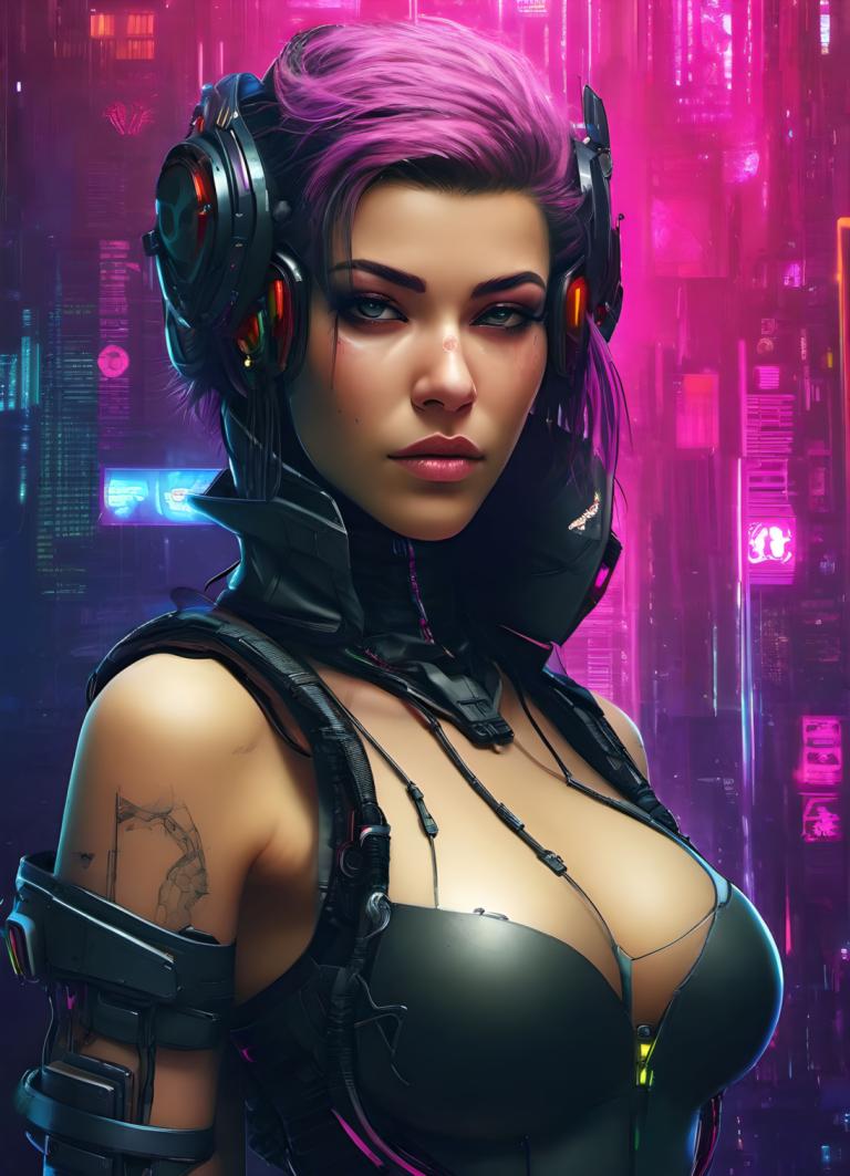 Cyberpunk,Cyberpunk, People, woman, 1girl, breasts, solo, tattoo, pink hair, cyberpunk, short hair, cleavage