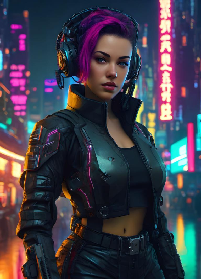 Cyberpunk,Cyberpunk, Mọi người, đàn bà, 1 cô gái, cyberpunk, đấu, áo khoác, đèn neon, lỗ rốn, ngực, tóc hồng