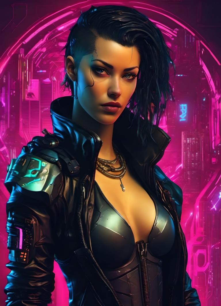 Cyberpunk,Cyberpunk, People, woman, 1girl, solo, breasts, jewelry, jacket, black hair, asymmetrical hair