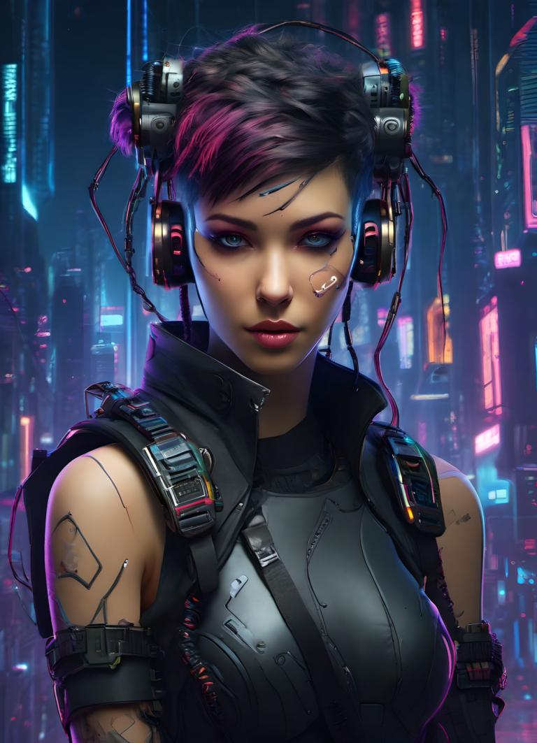 Cyberpunk,Cyberpunk, Mọi người, đàn bà, 1 cô gái, cyberpunk, đấu, tóc ngắn, phần thân trên, cáp, thực tế