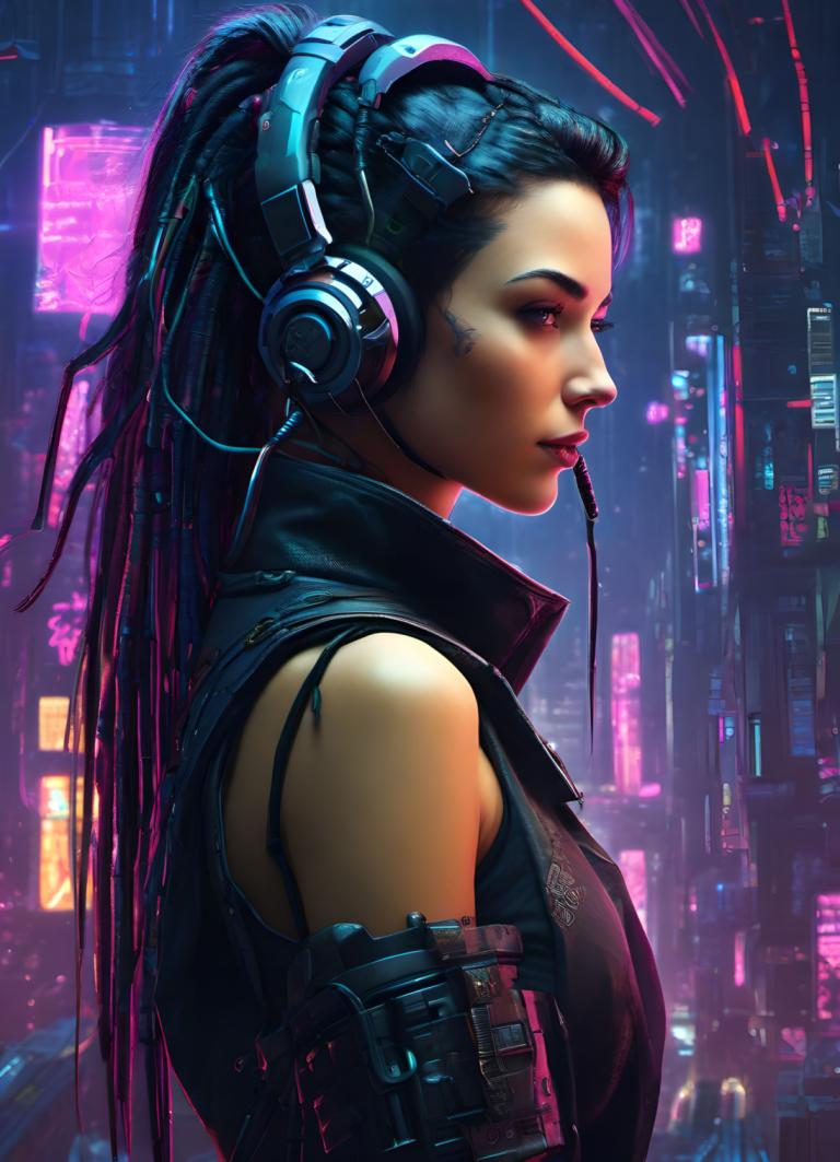 Cyberpunk,Cyberpunk, Personnes, femme, 1fille, néons, solo, cheveux longs, cyberpunk, queue de cheval, nez