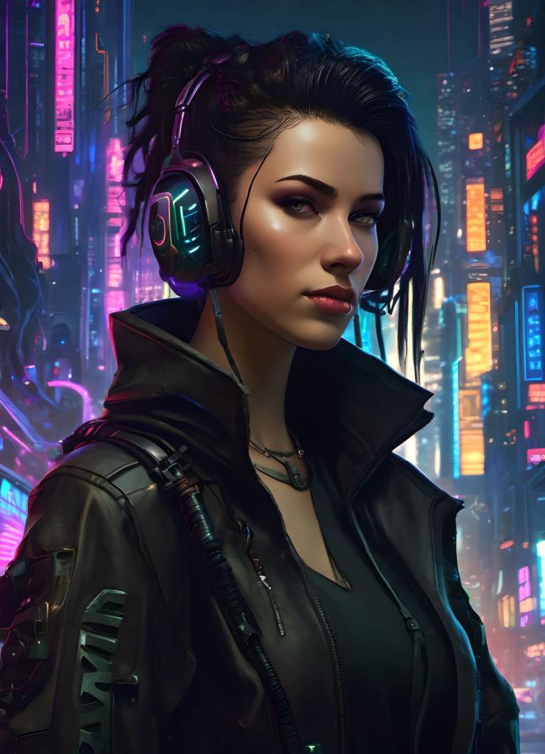 Cyberpunk,Cyberpunk, People, woman, 1girl, solo, jacket, jewelry, necklace, realistic, black hair, headphones