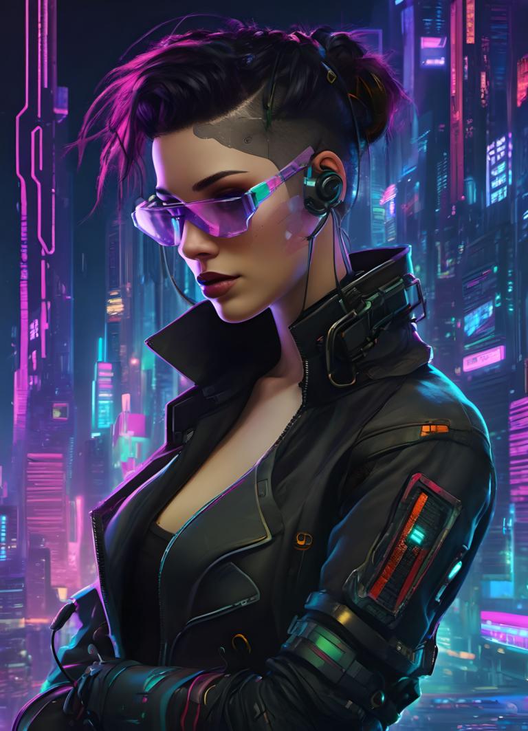 Cyberpunk,Cyberpunk, Personnes, femme, 1fille, cyberpunk, solo, veste, seins, des lunettes de soleil, néons