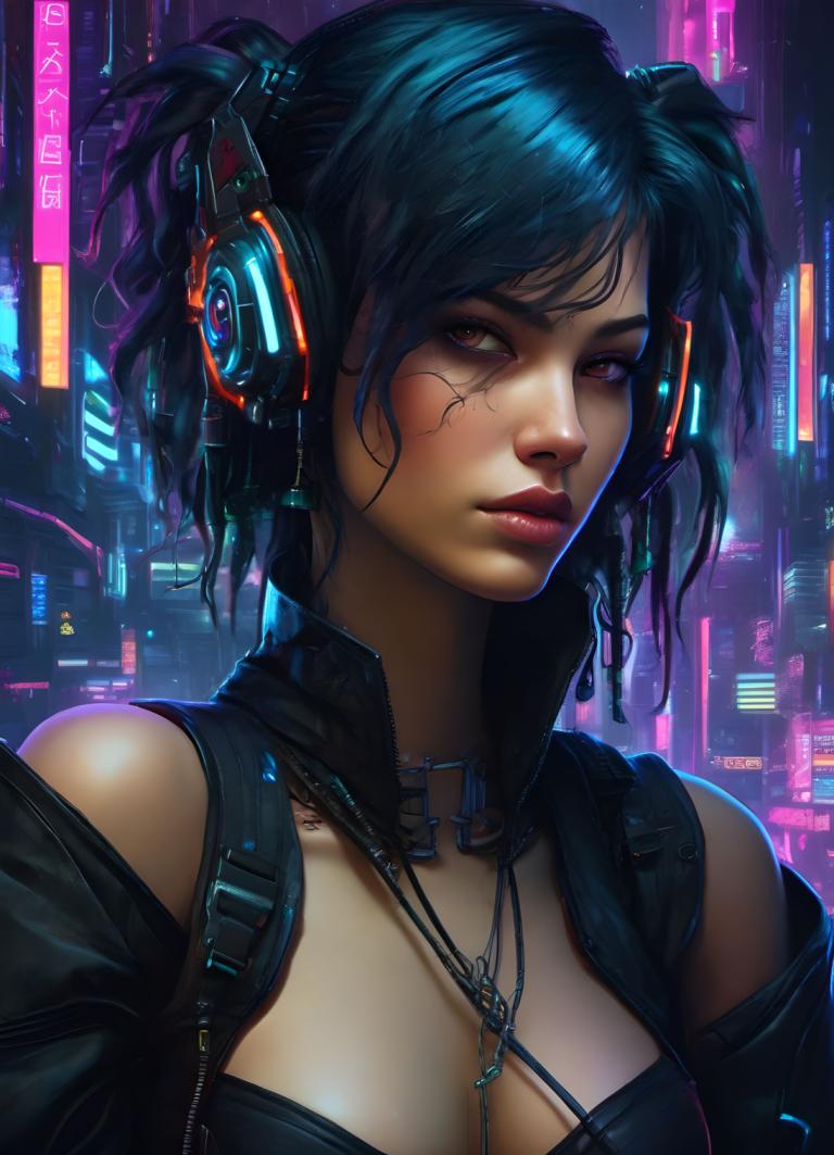 Cyberpunk,Cyberpunk, Personnes, femme, 1fille, cyberpunk, solo, seins, collier, bijoux, clivage, écouteurs