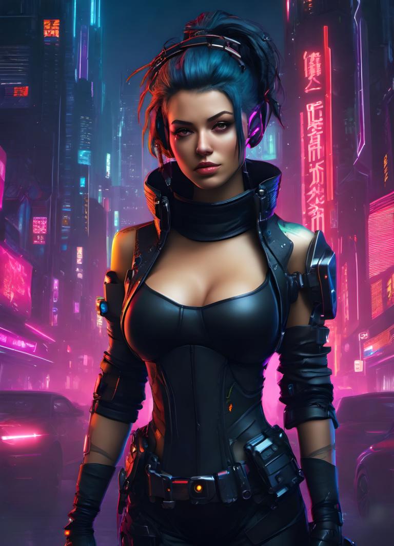 Cyberpunk,Cyberpunk, Personnes, femme, 1fille, seins, solo, clivage, cyberpunk, gants, cheveux bleus, néons