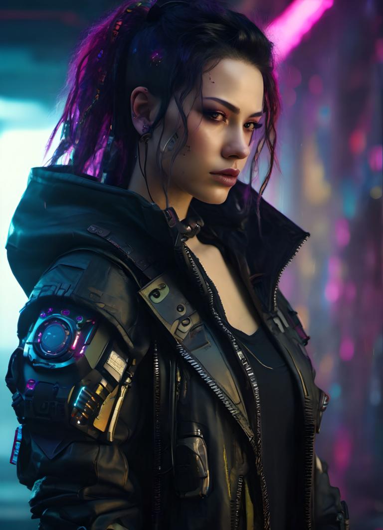 Cyberpunk,Cyberpunk, Mọi người, đàn bà, 1 cô gái, đấu, áo khoác, cyberpunk, thực tế, tóc đen, nền mờ