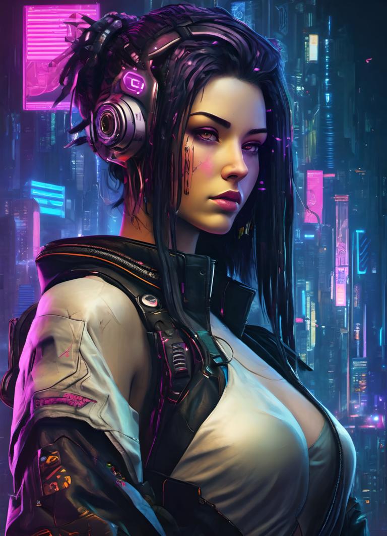 Cyberpunk,Cyberpunk, Oameni, femeie, 1 fata, cyberpunk, solo, sanii, sacou, lumini de neon, Căști, realist