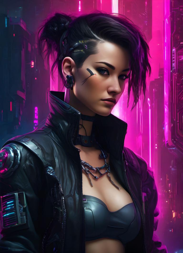 Cyberpunk,Cyberpunk, Menschen, Frau, 1Mädchen, Cyberpunk, Solo, Brüste, Schmuck, Ohrringe, realistisch, Jacke