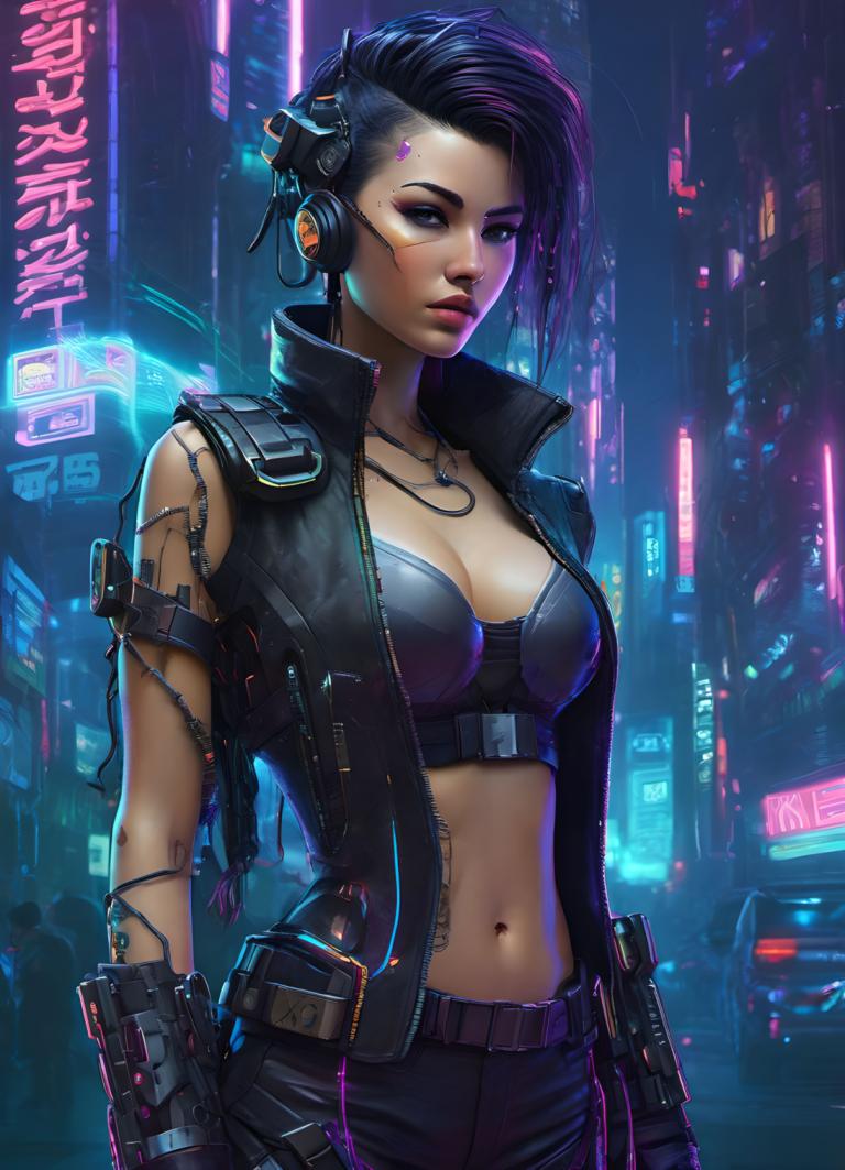 Cyberpunk,Cyberpunk, Oameni, femeie, 1 fata, cyberpunk, sanii, păr asimetric, buric, solo, Bijuterii, colier