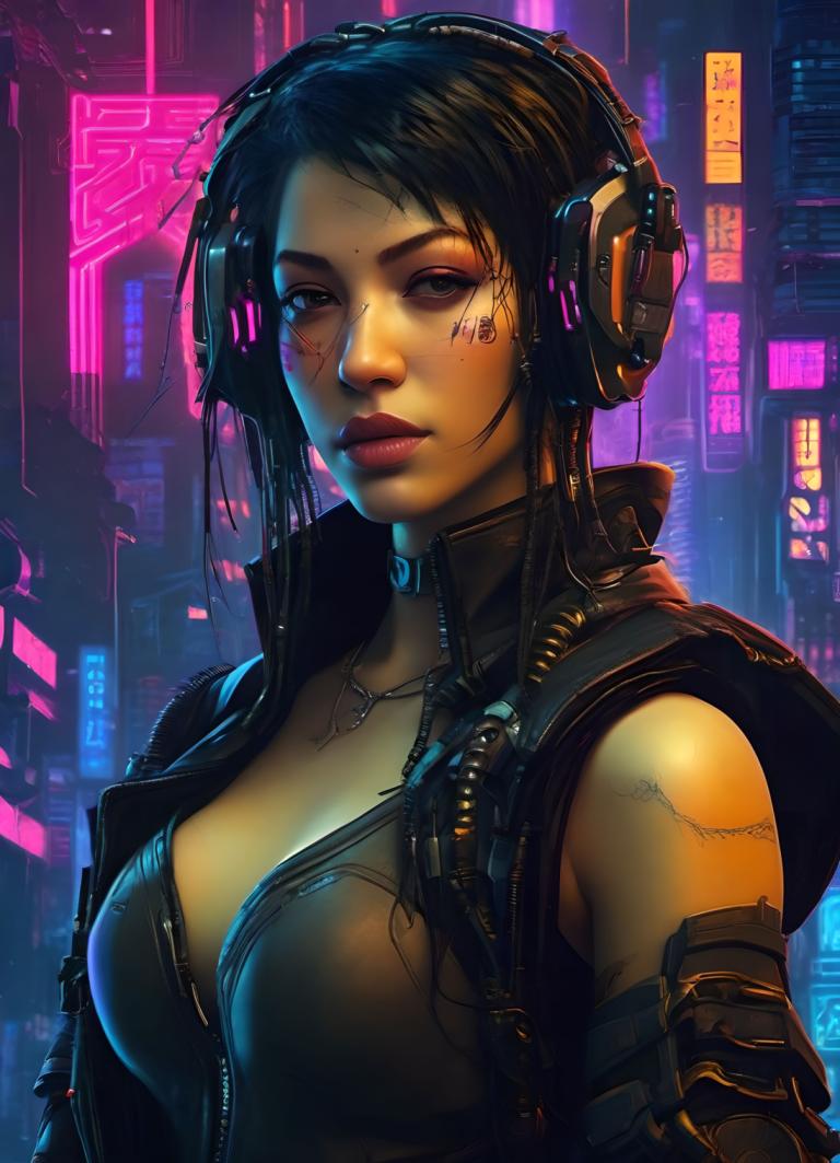 Cyberpunk,Cyberpunk, People, woman, 1girl, solo, cyberpunk, breasts, cleavage, neon lights, black hair