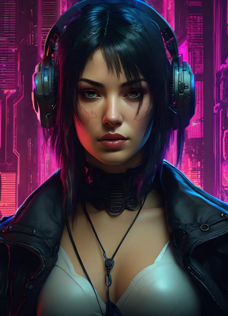 Cyberpunk,Cyberpunk, Mọi người, đàn bà, 1 cô gái, đấu, cyberpunk, ngực, áo khoác, tóc đen, thực tế, mắt xanh