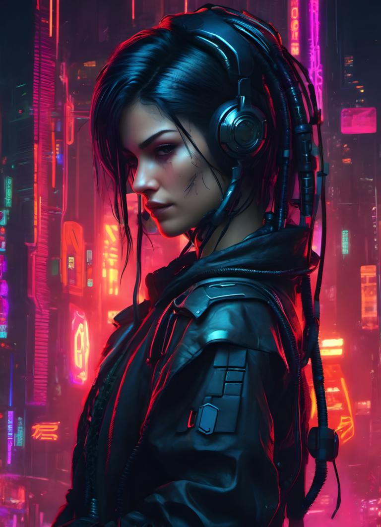 Cyberpunk,Cyberpunk, Mensen, vrouw, 1meisje, cyberpunk, solo, jasje, Neon lichten, zwart haar, realistisch