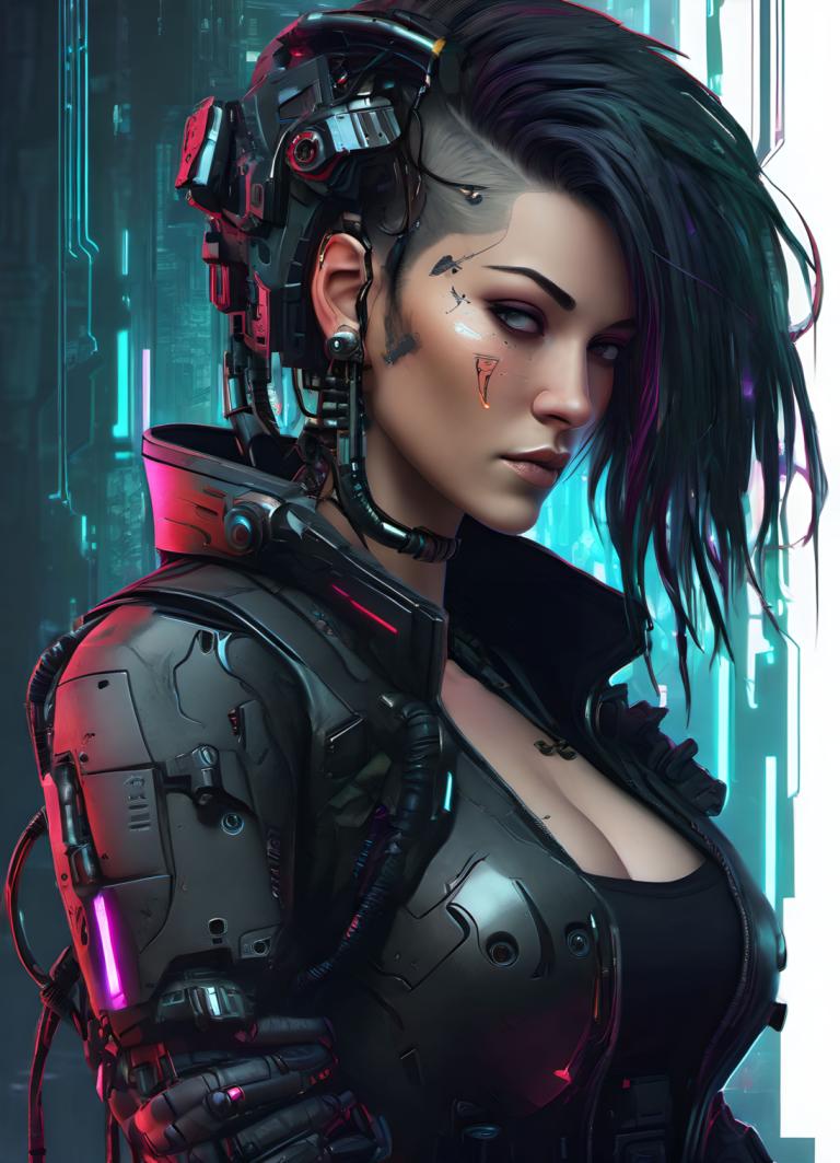 Cyberpunk,Cyberpunk, People, woman, cyberpunk, 1girl, breasts, cyborg, solo, cleavage, black hair