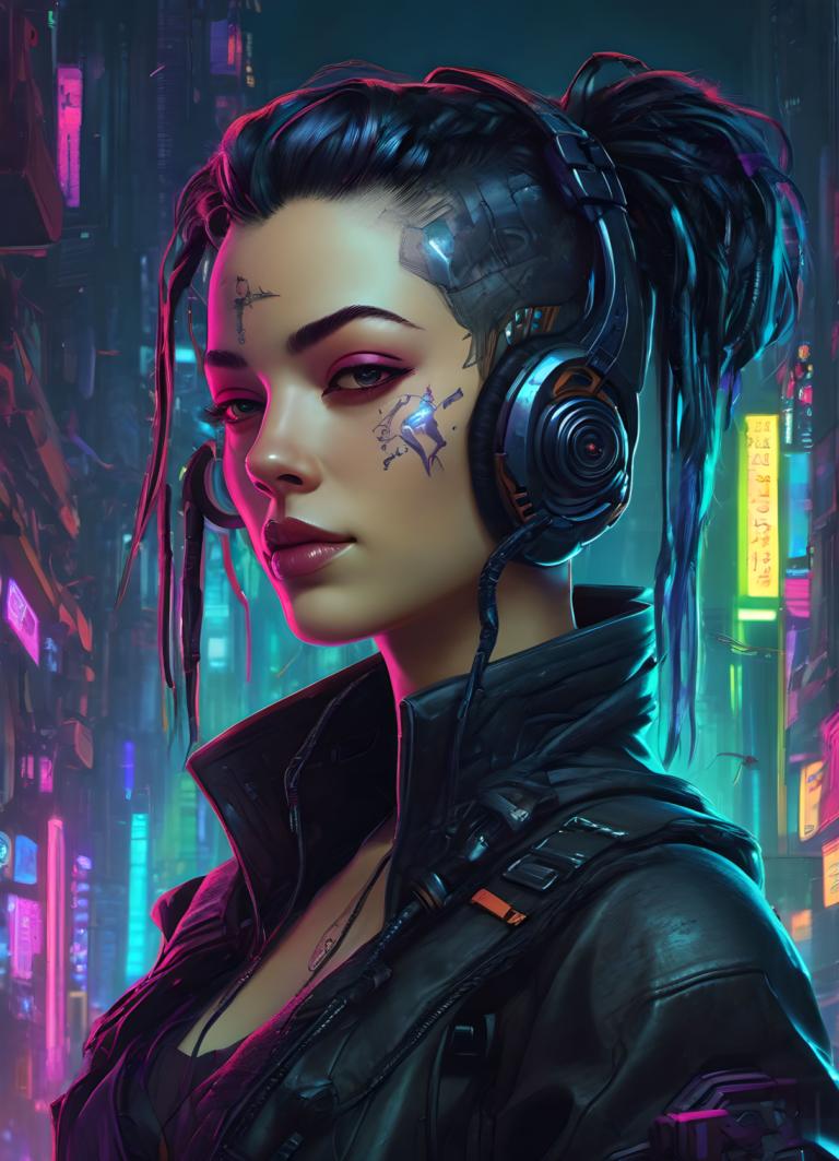 Cyberpunk,Cyberpunk, People, woman, 1girl, cyberpunk, solo, jacket, black hair, headphones, ponytail