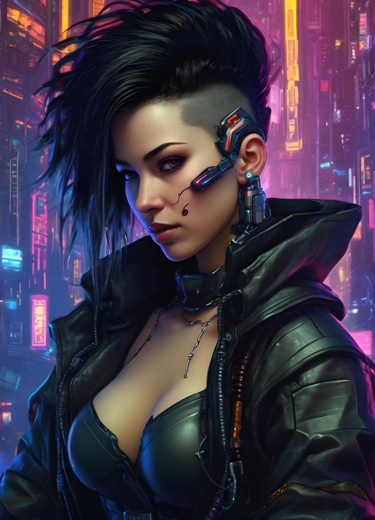 Cyberpunk,Cyberpunk, Personnes, femme, 1fille, cyberpunk, solo, seins, cheveux noirs, veste, clivage, bijoux